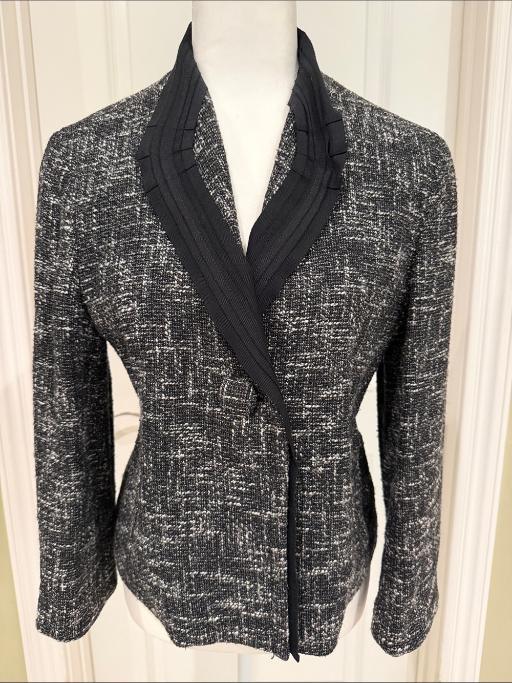Talbots Black & Gray Tweed Blazer with Ribbed Shawl Collar